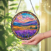 Lavender Field Stained Glass Suncatcher, Round Sunset Mountain Landscape Window Panel, Nature Scenic Home Decor Gift